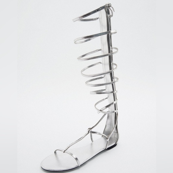 NEW Zara Tall Mid Calf Metallic Silver Gladiator Strappy Sandals 1615/010 - Picture 5 of 12